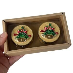 Bombay Company Christmas Bell Tealight Set of 2 Enamel Gold Holly New in Box
